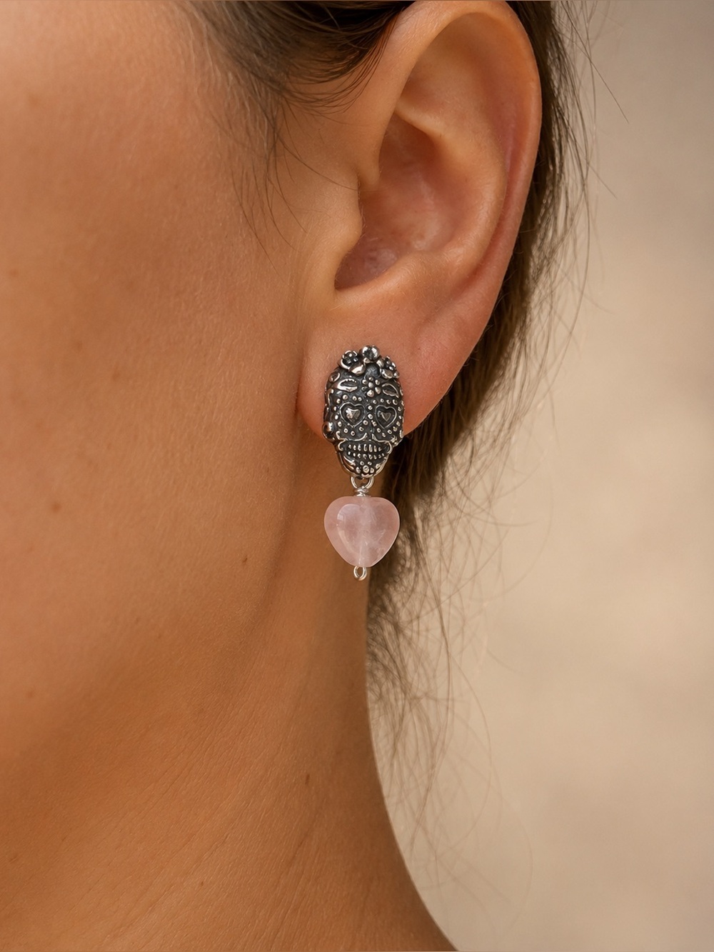 925 Sterling Silver Sugar Skull Earrings with Pink quartz heart Drops